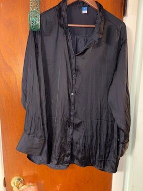 Black Satin Like Style Button-Up Blouse